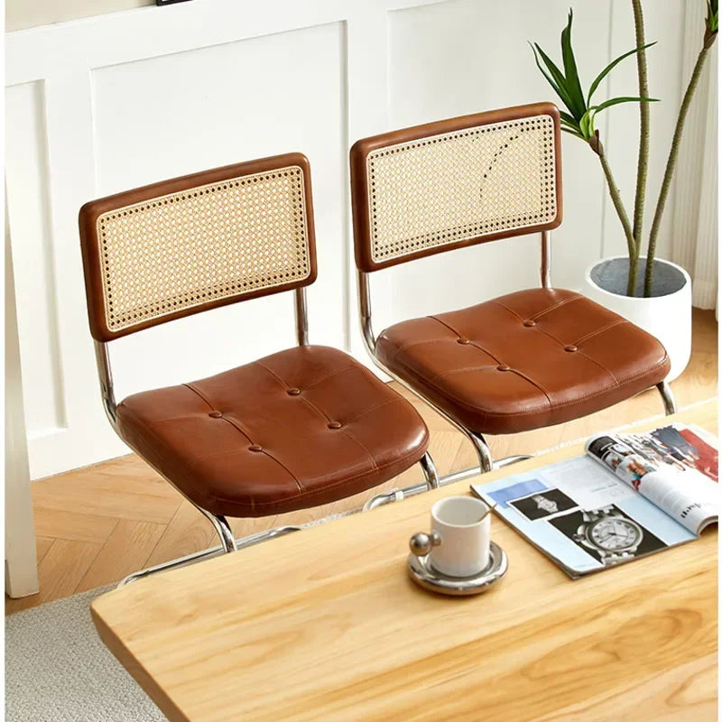 No-EN-Name-Null Nordic Armless Woven Rattan Brown Solid Wood Beige Meshed Hard Backrest-Faux Leather Seat Cushion Silver Stainless Steel Metal Frame-Legs Kitchen-Dining Room Chairs/Colors-Brown/Green/Black/Gray/Orange