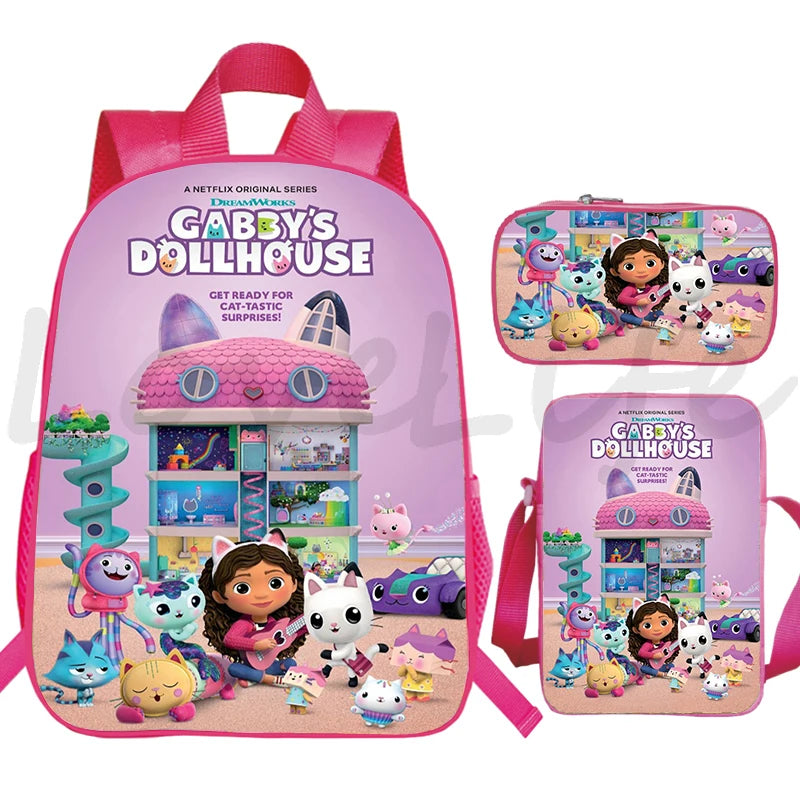 JUNBIE Kids Waterproof Pink Nylon Fabric Cute Cartoon Gabby's Dollhouse Design Zippers Curve Back Shoulder Straps-Handle Built-In Laptop Compartment External Pockets Backpacks/Colors-Pink/Multicolor