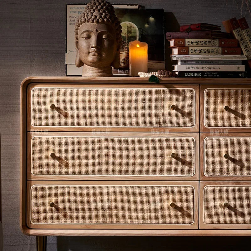 Brown Kitchen Storage Rattan Wood Sideboard w /Drawers/Doors
