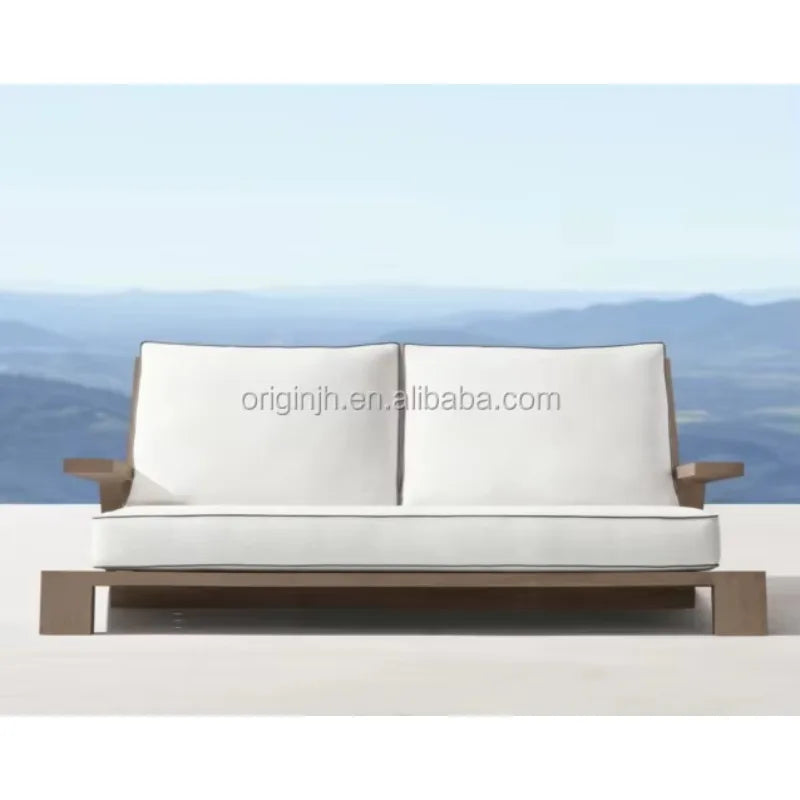 NALLONHU Outdoor Waterproof All-Weather Removable Quick-Dry Synthetic White Fabric Foam Cushion Slipcover UV Protection Brown Myanmar Teak Wood Frame Sofas-Rectangle Shaped Coffee Table Sets/Colors-Brown/White