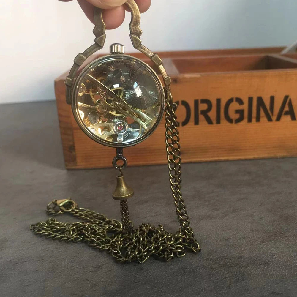 GORBEN Adults Unisex Antique Gold Round Shaped Analog Display Hand Winding Stainless Steel Metal Clear Transparent Eyeball Roman Numeral Mechanical Tassel Chain-Pocket Watches