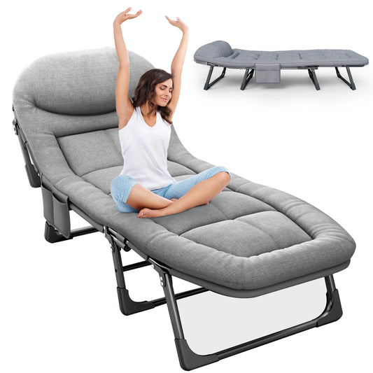 Outdoor Adult 6 Adjustable Positions Built-In Cozy Mattress-Pillow Heavy Duty Iron Metal Frame Gray Foldable Camping Bed Cots/Weight Bearing : 550 lbs