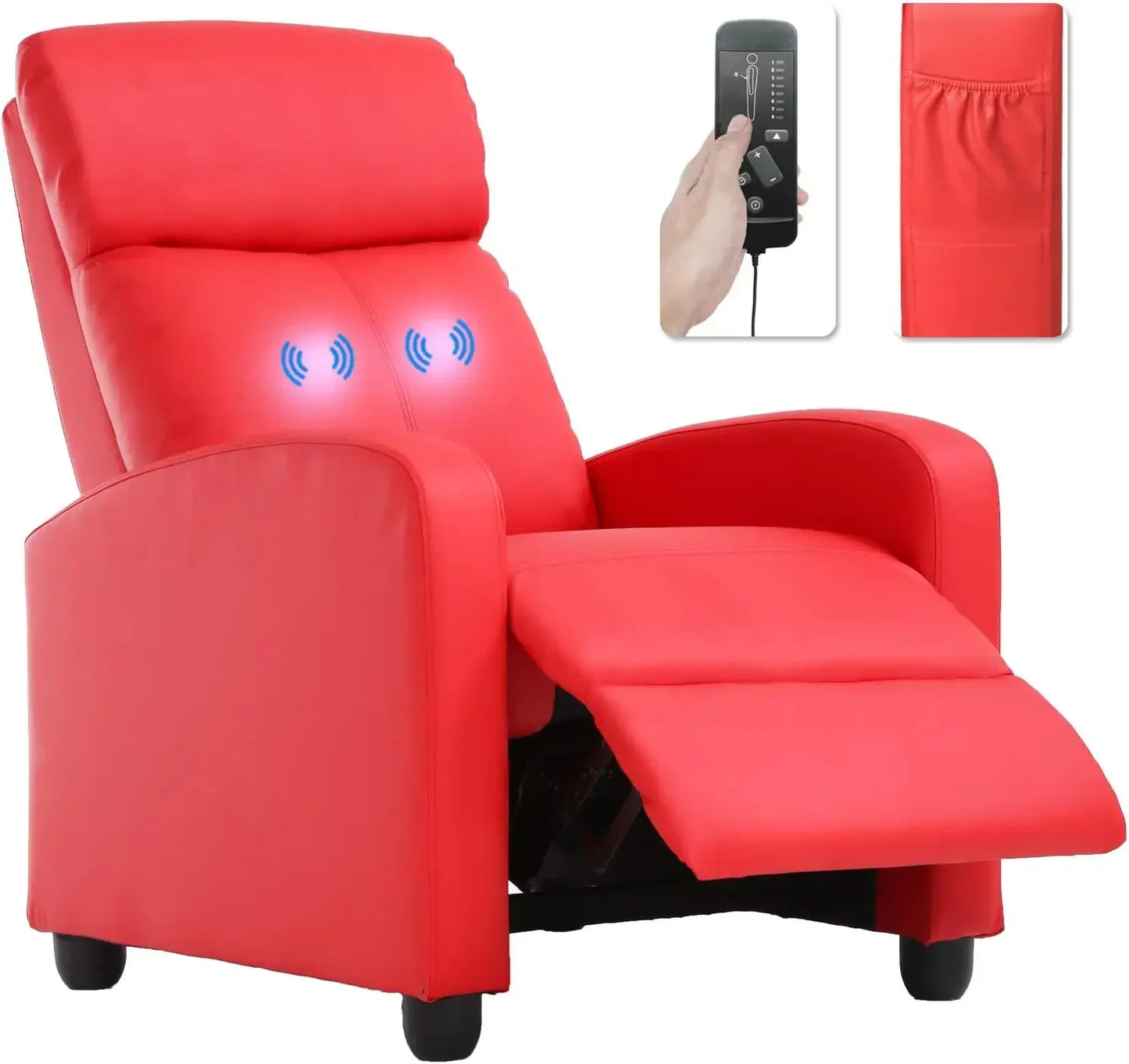 No-EN-Name-Null  Modern Remote Control Soft Black Faux Leather Cushions Upholstered Padded Backrest Massaging Recliners/Weight Capacity 275LBS/Colors-Red/Brown/Blue/Beige/Black/Light Beige