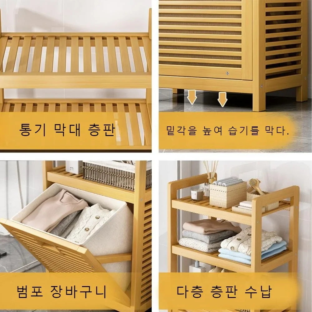 No-EN-Name-Null Modern Large Waterproof Lining 3-4 Tier Storage Shelves Brown-Beige Bamboo Solid Wood Boards Tilt Out Strip Laminates Laundry Hamper Baskets