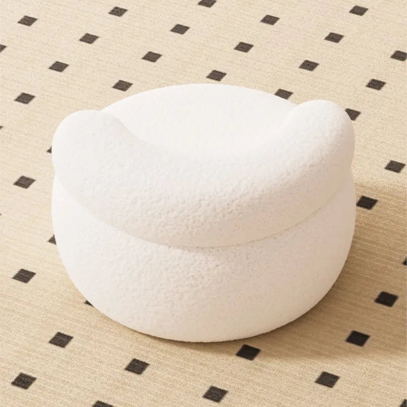 MLING Kids Modern Free-Standing Small Pink Round Shaped Low Curved C-Shaped Backrest Soft Comfortable Upholstered Padded Lamb Wool Fleece Fabric Cushions Solid Wood Frame Wear-Resistant Foot Pad Sofa Stool Ottomans/ Colors-White/Pink/Gray/Black