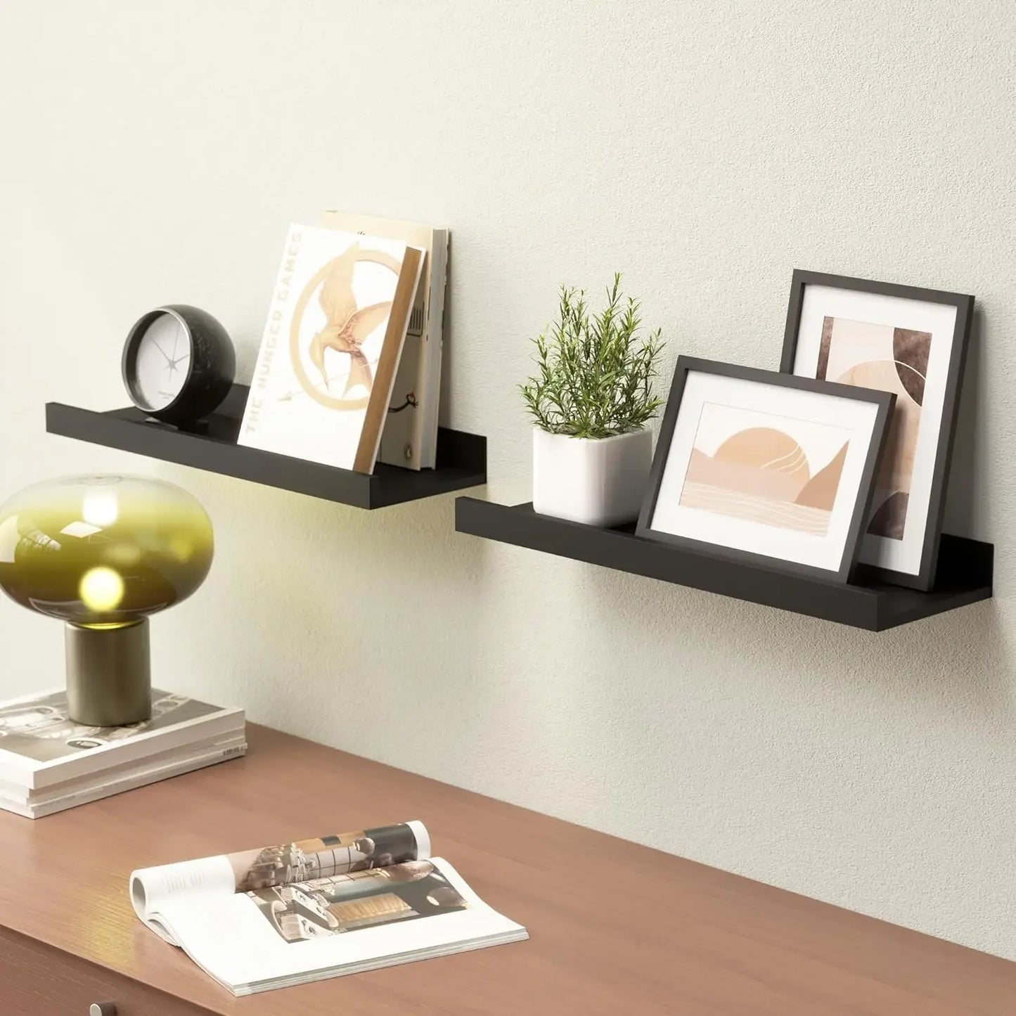 PDQ Modern 2 PCS Non-Folding Black Rectangle Shaped Wall-Mounted Wood Floating Shelves-Ledges /Colors-Black/White/Size: 35cm W x 13.8inch W