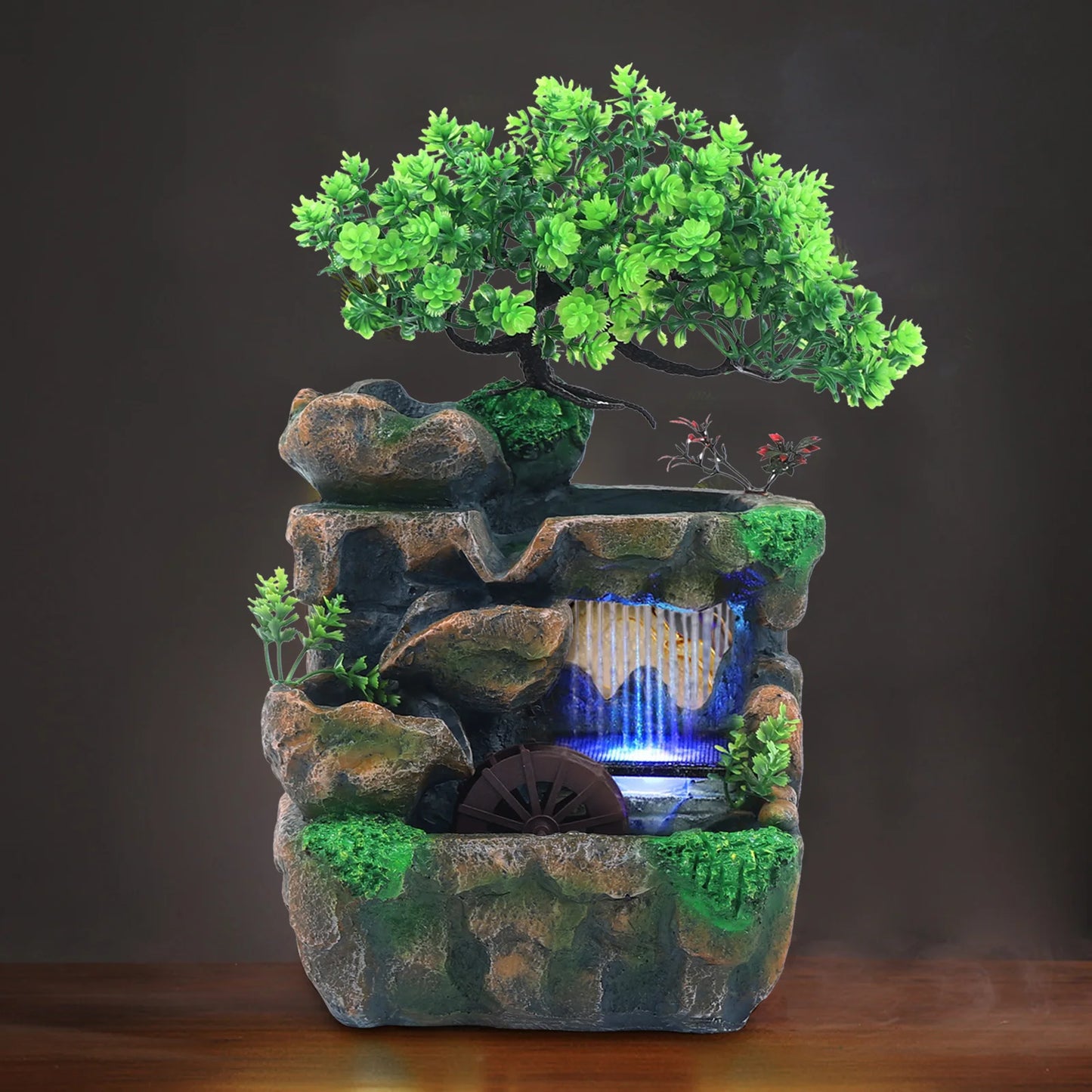 Indoor LED Lights Resin Green Bonsai Tree Gray Rocky Mountain Landscape Brown Wheel Flowing Waterfall Fountains
