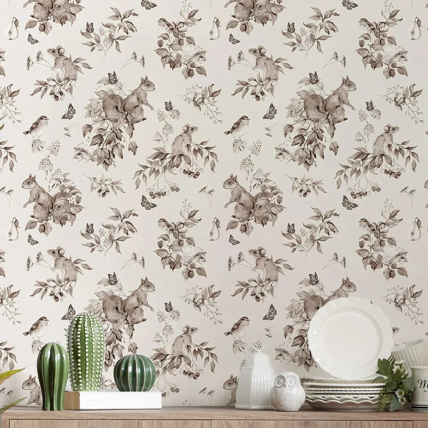 PIXEL-WALL Babies-Toddlers Waterproof Customized Peel-N-Stick Tiny Birds-Squirrel-Mouse-Butterflies Animals Nature Forest Sepia Non-Woven Wallpapers/Responsibly Sourced