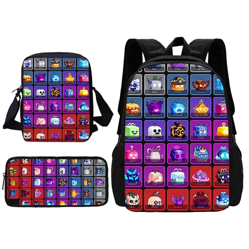 TOPTOY Kids Large Waterproof Multicolor Nylon Fabric Cartoon Smiling Fruit Critters Double Zippers Polyester Lining Shoulder Straps-Handle School Backpacks Sets/Pencil Bags/External Pockets/Colors-Multicolor/Black/Purple