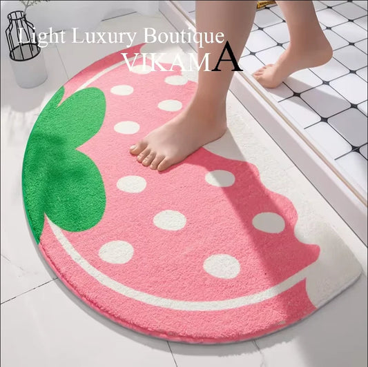 VIKAMA Indoor Hand-Machine Washable Half-Circle Anti-Slip Bottom Cute Cartoon Strawberry Imitation Cashmere Polyester Bathroom Mats / Colors-Pink/Animals/Floral/Dots/Brown/Yellow/Multicolor