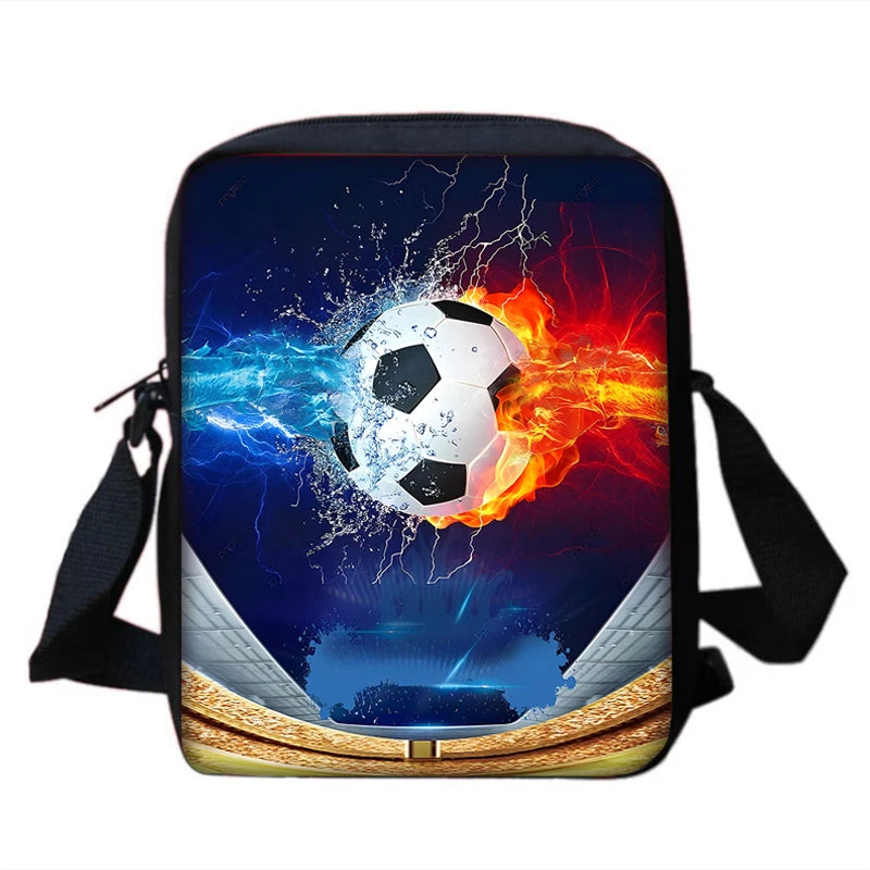 MINISO Kids 3 PCS Large Waterproof Nylon Fabric Zippers Exterior Pockets Printed-Burning Flames Soccer Ball Design Curved Back Shoulder Straps-Handle Sports IPAD Compartment School Backpacks/Color-Black/White/Blue/Multicolor