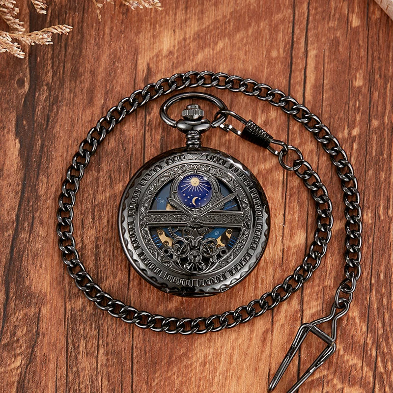 GORBEN Adults Mechanical Hand-Winding Glass Face Black-Sliver-Gold Round Stainless Steel Metal Case Analog Display Hollow-Out Skeleton Dial Blue Night Sky-Half Moon-Stars-Sun Design Analog Display Chain-Pocket Watches/With Box-Without Box