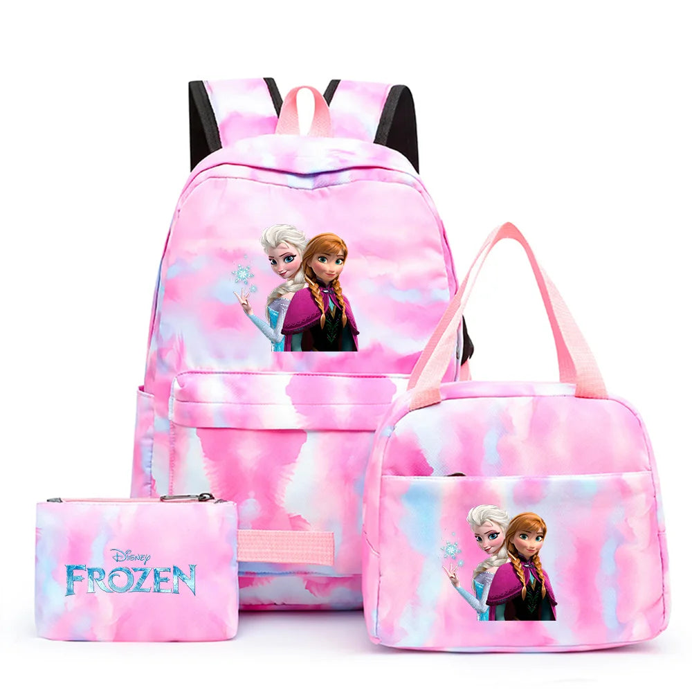 Disney Kids Cute Cartoon Frozen Movie-Elsa-Anna Multicolor Large Waterproof Nylon Fabric Zipper Pockets Shoulder Straps-Handle Single Compartment School Backpacks Sets/ Lunch Bag/Pencil Bag/Colors-Pink/Blue/Multicolor