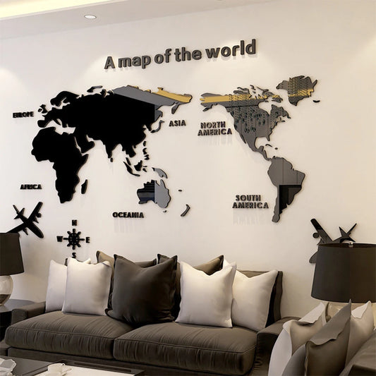 PDQ Modern Black 3D Acrylic World Map-Travel Wall Decals/Sizes; S-XXL/Colors-Gold/Black/Gold/Red