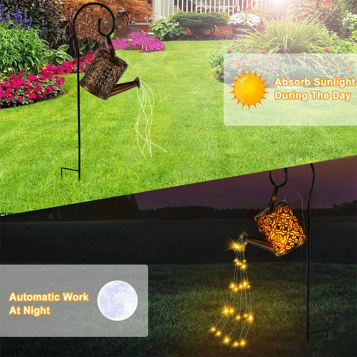 No-EN-Name-Null Outdoor Garden Waterproof Smart Light Control Switch Warm White LED Solar-Powered Removable G-Type Hook Floral Pattern Black-Bronze Watering Kettle Can Shaped Design Light Ropes-String Lights/Colors-Black/Bronze/Floral/Multicolor