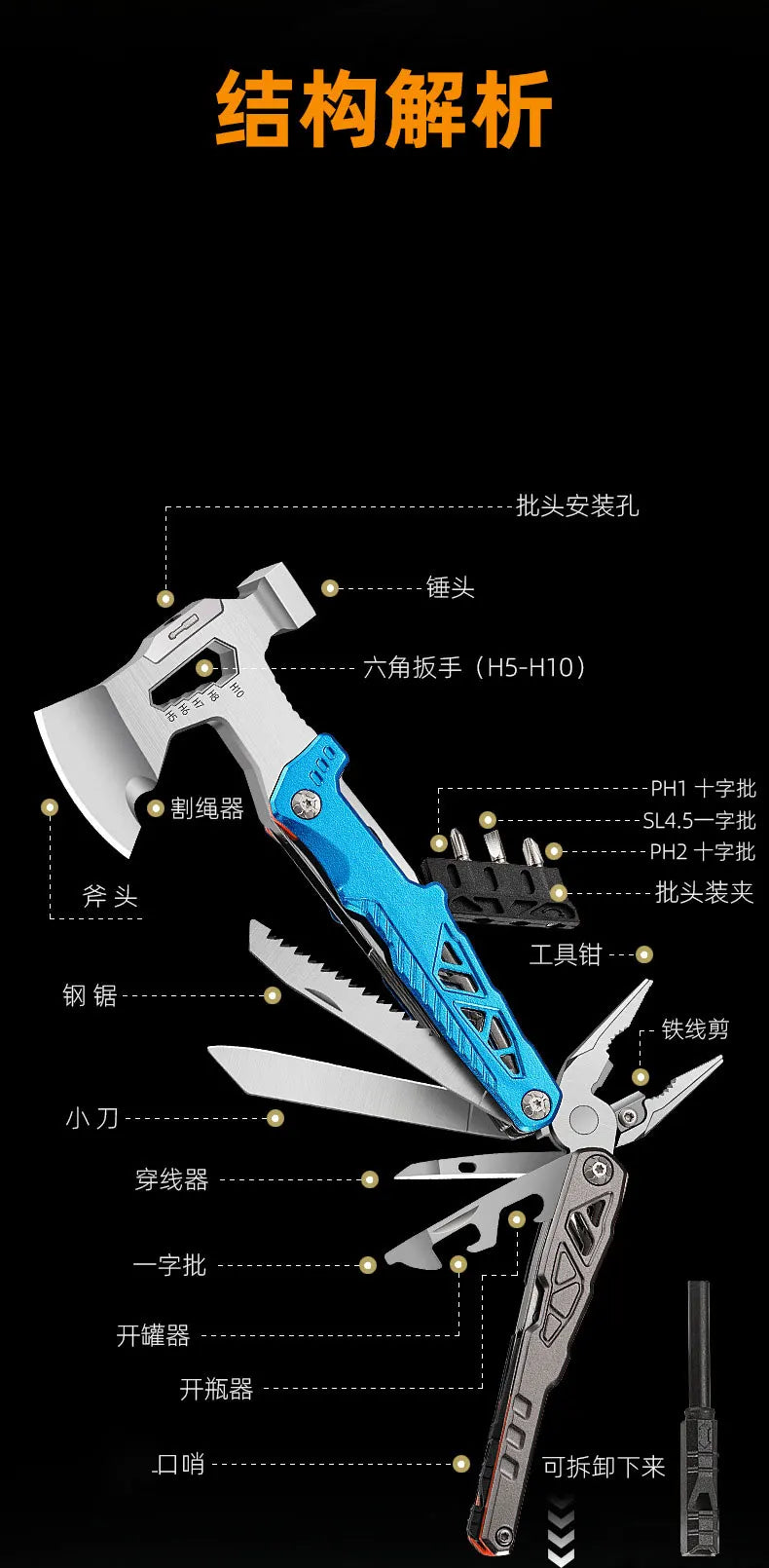 JIANLAI Outdoor Multifunctional Gray-Silver Stainless Steel Black Handle-Blue-Orange Hammer Axes/Colors-Silver/Blue/Orange/Black/Gray/Multicolor/Orange-Black Fabric Pouch Included