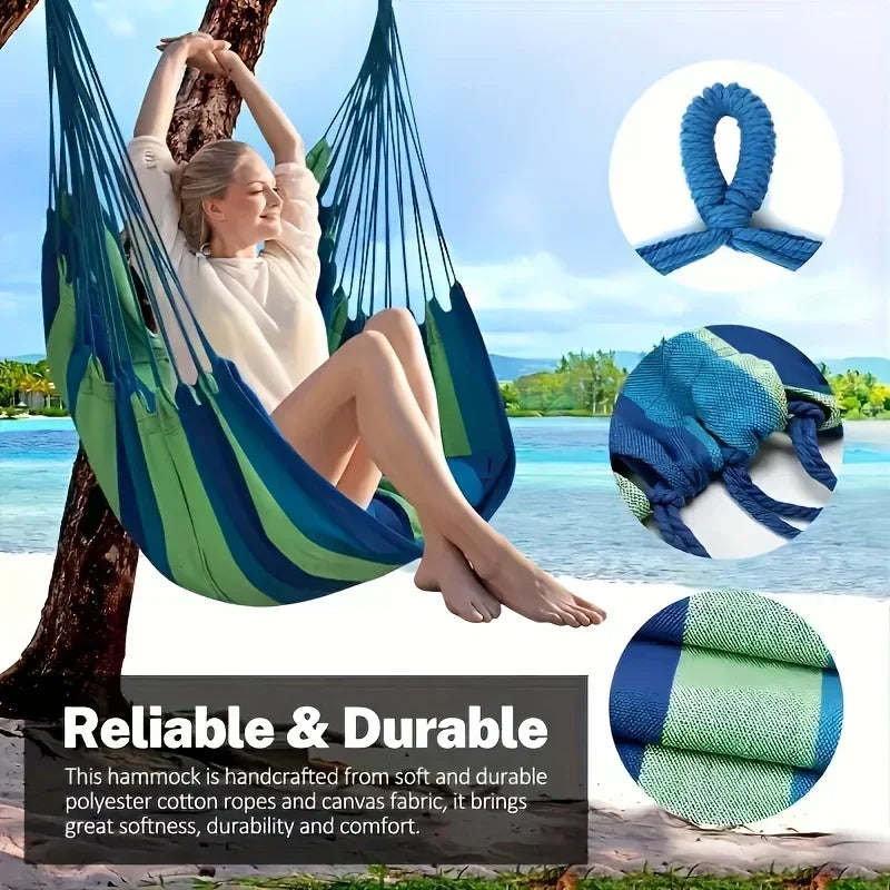 No-EN-Name-Null Outdoor Striped Red One Person Handmade Soft Durable Breathable Densely Woven Cotton Canvas Fabric Hanging Hammock Solid Seat Swing Chairs/ 200KG Load Bearing/Colors-Red/Striped/With Pillow-Cushion/NO Pill-Rip/Weight Max : 400LBS