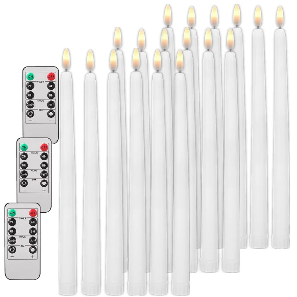 6-24 PCS Set LED White Realistic Round Cylindrical Plastic Flameless Flickering Tall Tapered Handheld Electric Window Candles/Battery: 2-AAA ( Not Included )/ Automatic Timer/1-4 PCS Remote Control