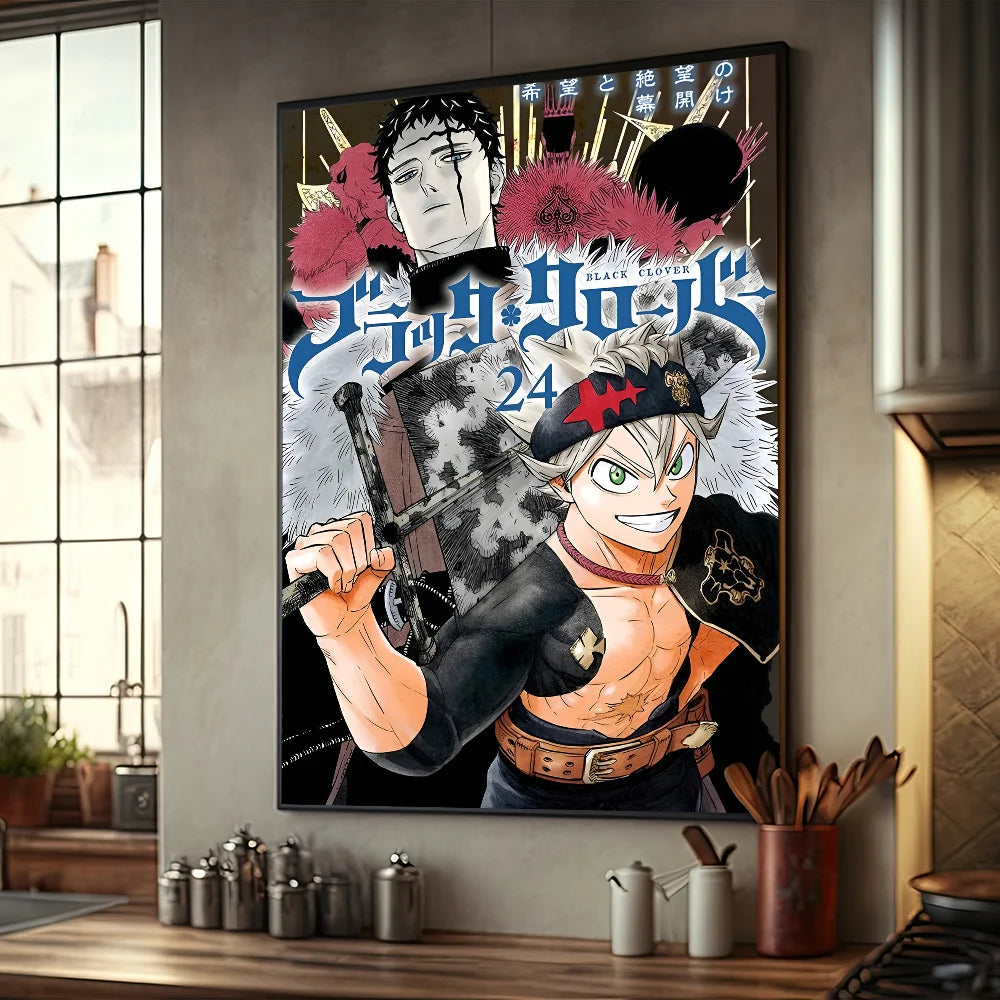 No-EN-Name-Null Modern Retro Rectangle Synthesized Paper Frameless HD Japanese Anime Black Clover Comics Books-Movies Design Self-Adhesive Waterproof Wall Art Posters/Colors-Black/Red/Orange/Multicolor