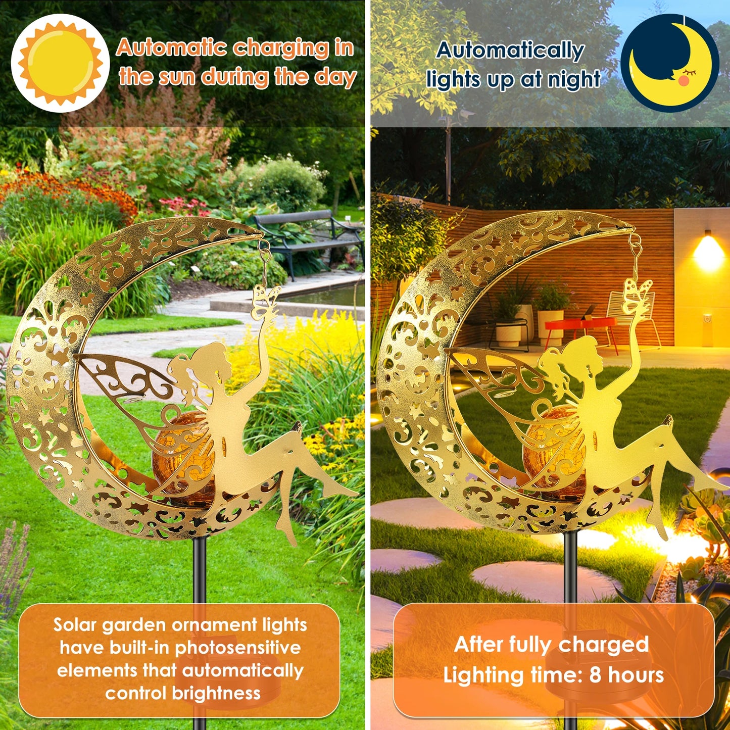 No-EN-Name-Null Outdoor Solar-Powered Fairy Sitting On A Half Moon-Stars Pattern LED Light Iron Metal Body Garden Landscape Pathway Lighting