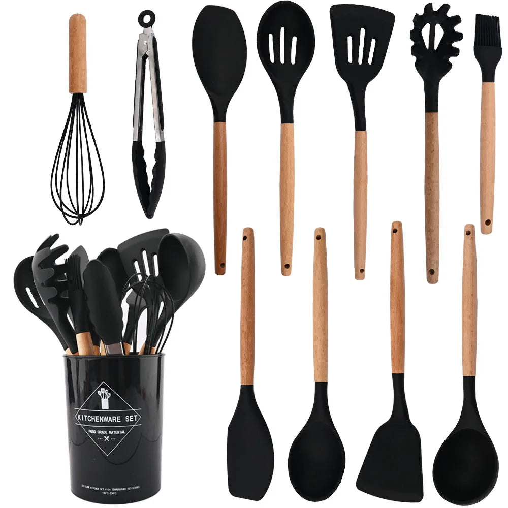12 PCS Non-Slip Heat Resistant Silicone-Wood Handle Kitchen Utensils Cooking Sets/Colors-Blue/Green/White/Black/Storage Box Included