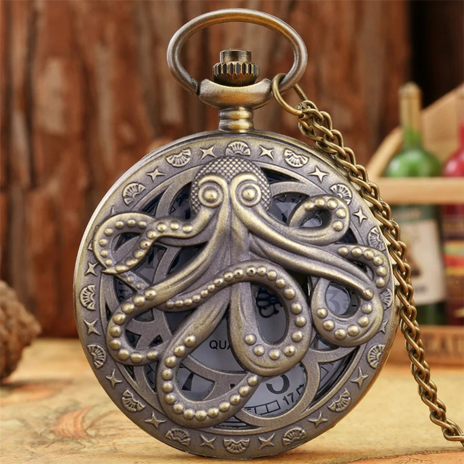 SOXY Adults Men Retro Round Shaped Glass Window Face Analog Display Stainless Steel Metal Black-Bronze Octopus Sea Creature Quartz Movement Chain-Pocket Watches