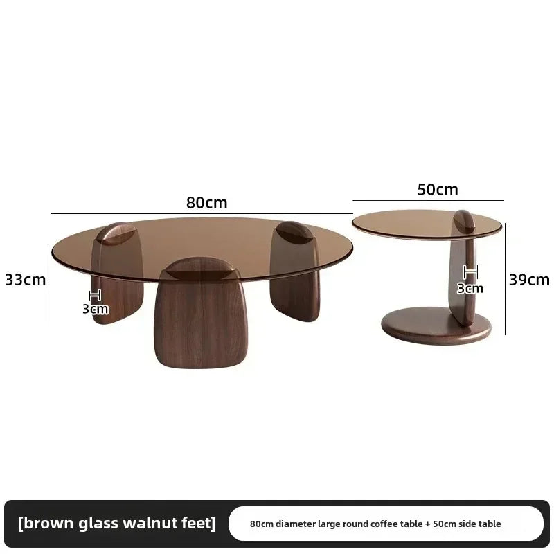 No-EN-Name-Null 2 PCS Modern Brown-Gray Thick High Tempered Glass Round Shaped Tops Solid Oak Rubberwood Three-Legged Design Coffee Table Sets/Easy To Clean/Colors-Gray Glass Tops/Brown Glass Tops