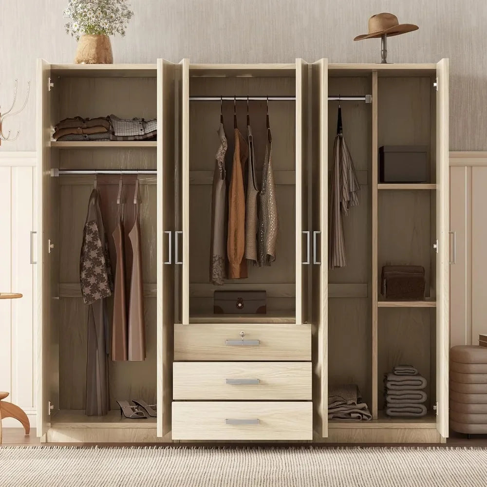 TONGYUE Modern Beige Large Six Doors Three Drawers MDF Wood Triple Wardrobes /Colors-Beige/Brown/White/Gray/ Dimensions: 19.2"D x 70.9"W x 68"H