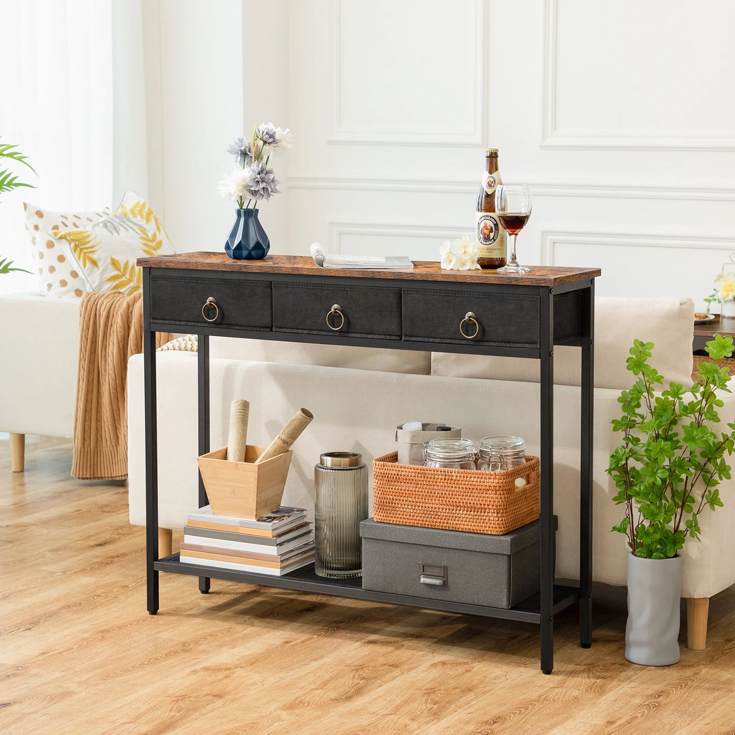 No-EN-Name-Null HOOBRO Antique Rustic Brown Rosewood Top Rectangle Shaped Black Metal Frame Narrow Entryway Console Tables/ 2 Drawers/ 2 Shelves