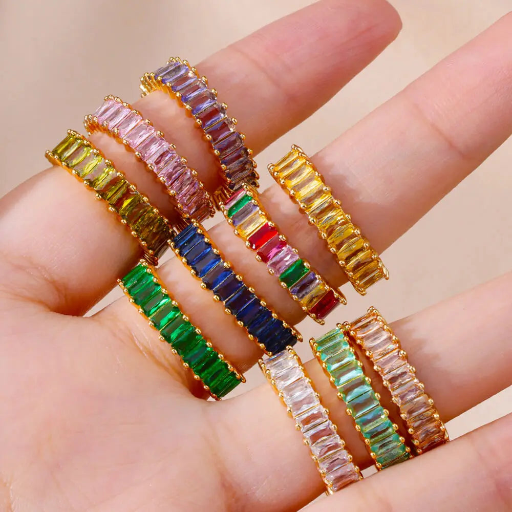 Colorful Square Zircon Anti-Acid-Alkali Stainless Steel Imitation Gold Mood Tracker Crystal Open Finger Rings/Colors-Geometric/Multicolor/Gold/Green/Red