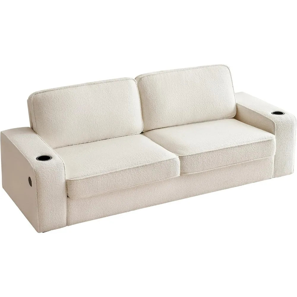 NULL Modern Large Upholstered Off White Soft Plush Breathable Boucle Fabric Deep Three-Seater Reinforced Wood Base Built-In Cupholders Sectional Sofas/Quick-Charging USB Ports/89 Inch Wide Armrest Storage/850 LBS  Weight Capacity