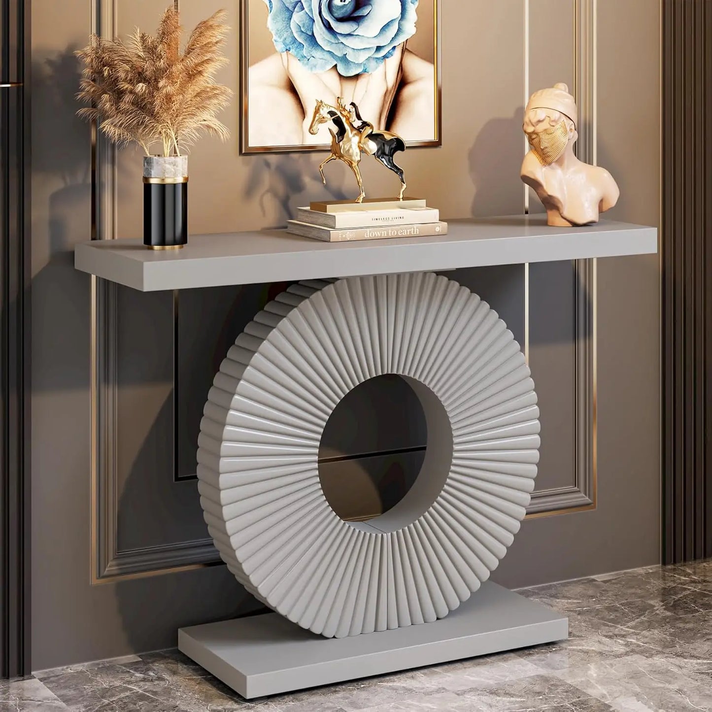 TONGYUE Modern Black Thick Wood Top Narrow Long Entryway Geometric Round Flower Face Shaped Base Curved Lines Accents Console Tables/Colors-Black/White/Gray