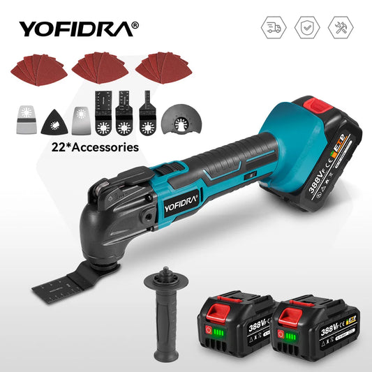 YOFIDRA Outdoor Handheld Black-Blue Body Electric Rechargeable Battery-Powered Cordless 6 Speed Gears Multifunction Oscillating Angle Tools/Colors-Black/Blue/Red/Gray/Multicolor/1-22 Accessories/2 Lithium Batteries/1 Charger