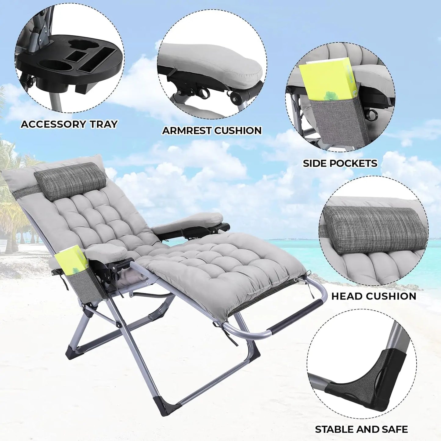 Metal Adjustable Headrest Gray Patio Lounge Chair w/Removable Cotton Cushions/Cup Holders/Size: 160 x 69 x 80 cm 7.6 kg