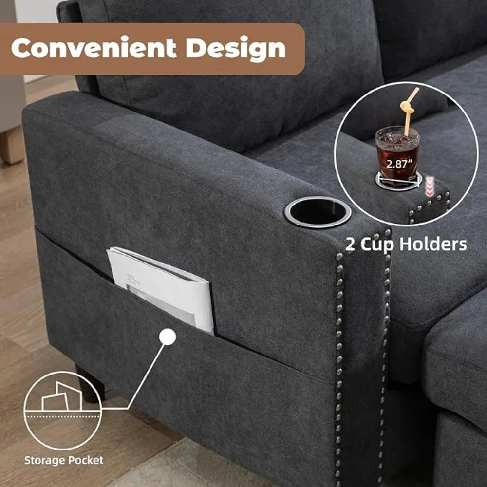 No-EN-Name-Null  Modern Cozy Medium Firm Nail-Head Trim Super-Soft Gray Velvet Fabric Cushions Right Face Two Cup Holders Side Storage Pockets Removable Ottoman L-Shaped Small Sectional Sofas