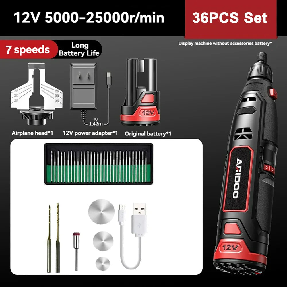 NULL Mini 12V Cordless Anti-Shaking Red-Black Plastic Body Adjustable 7 Speeds Keyless Chuck Rechargeable Battery-Powered Angle Steel Grit Grinding Head Chainsaw Sharpener Rotary Handheld Power Drills