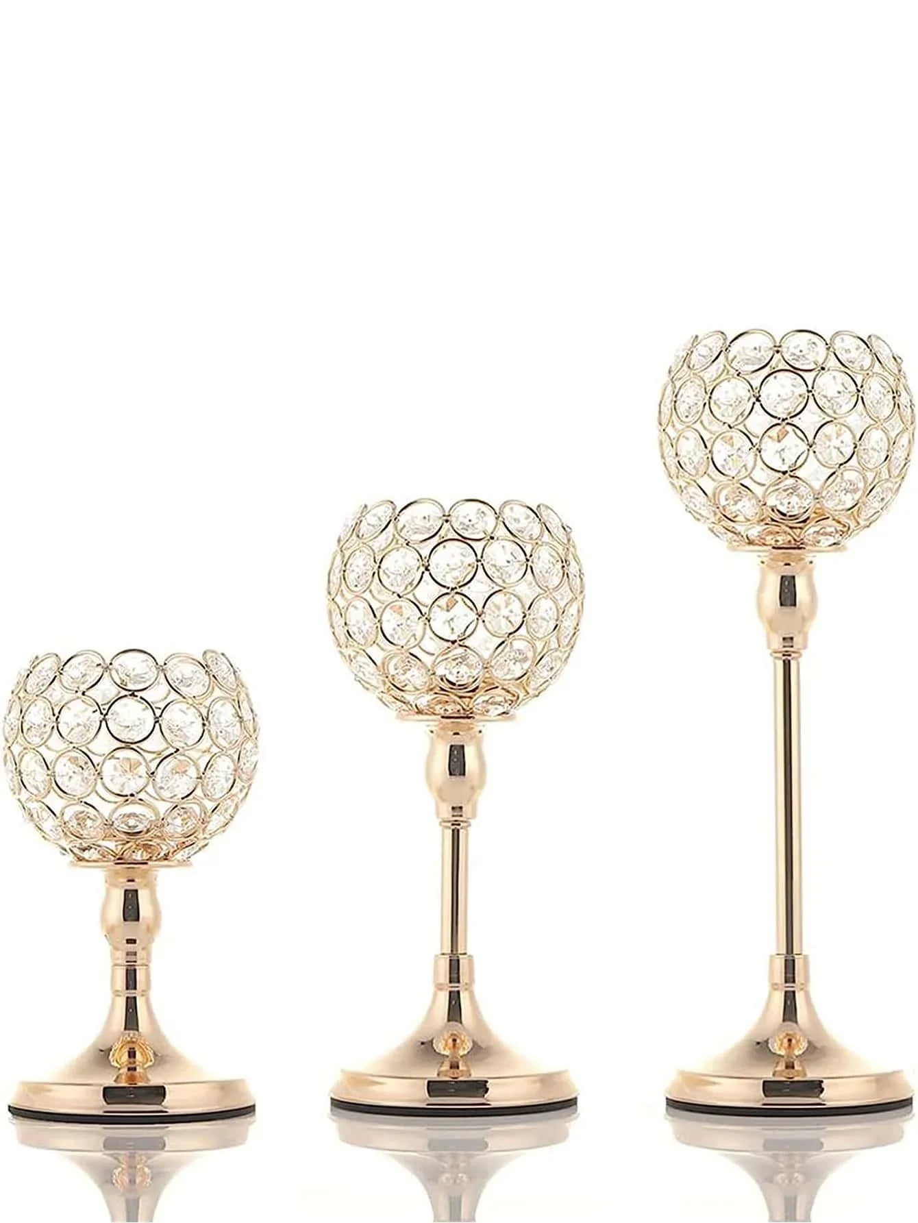 3 PCS Set S-M-L Iron Crystal Tea Light Candlestick Holders/Colors-Gold/Silver/Black