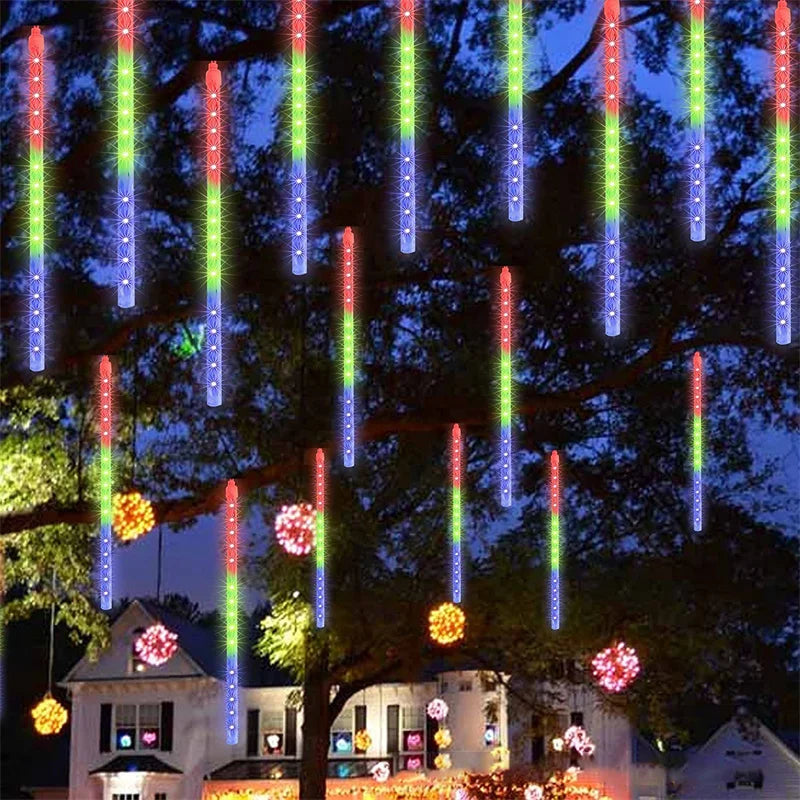 DOMPLA Outdoor Waterproof Multicolor Meteor Shower Effect Long Rain Drop Shaped Warm White LED Garland Light Ropes-Strings/Colors-Multicolor/Blue/White