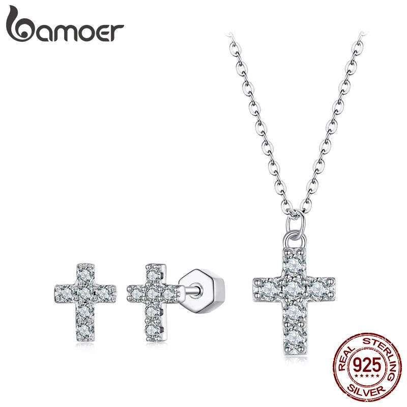BAMOER Adult Women Fine Imitation Sterling Silver White Gold-Gold-Plated Clear White Shiny Diamond-Like Artificial Moissanite Stones Cross Pendant Push-Back Necklaces-Stud Earrings Jewelry Sets