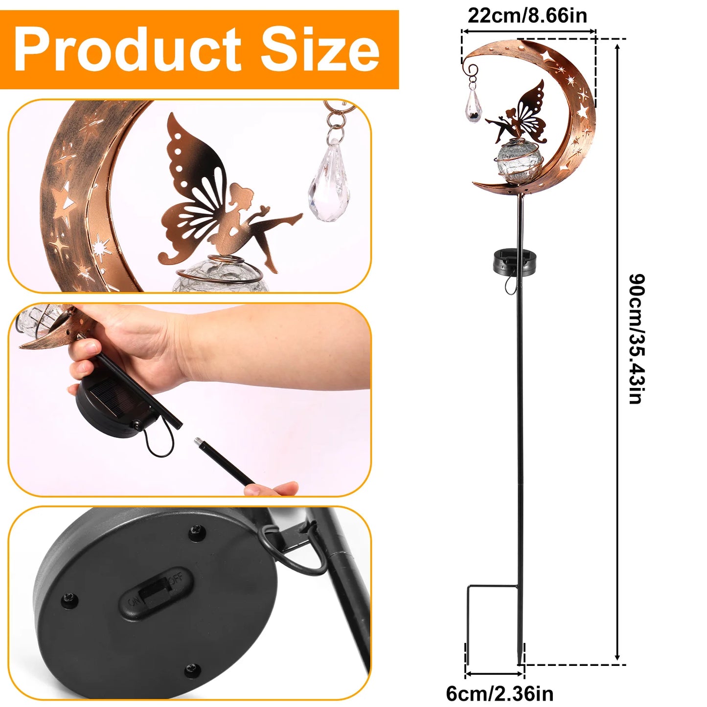 No-EN-Name-Null Outdoor Solar-Powered Fairy Sitting On A Half Moon-Stars Pattern LED Light Iron Metal Body Garden Landscape Pathway Lighting