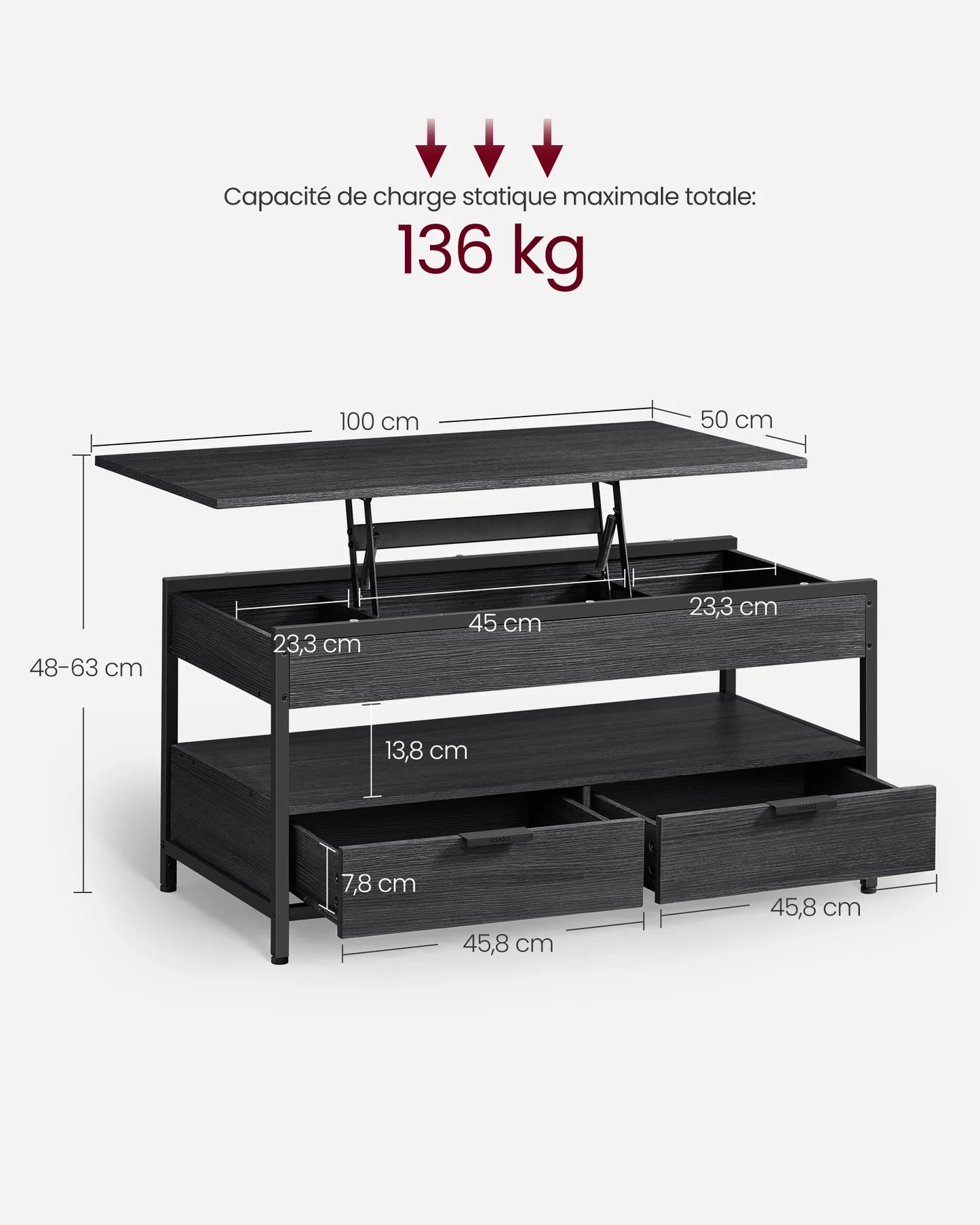 VASAGLE Lift Top Black Metal Frame Coffee Table/2 Storage Drawers/Hidden Compartments/Open Shelves/Colors-Black/Beige/Brown