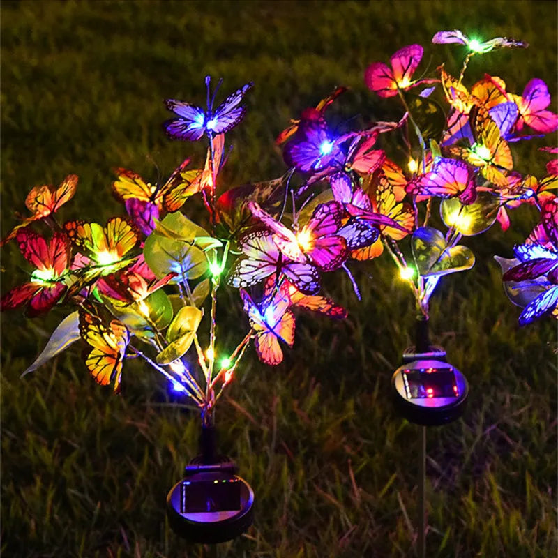 TOLACN Solar-Powered Outdoor Multicolor Warm White Butterflies-Floral Leaf Shaped Patio Garden Landscape Pathway Stake Lights/Colors-Multicolor/Floral
