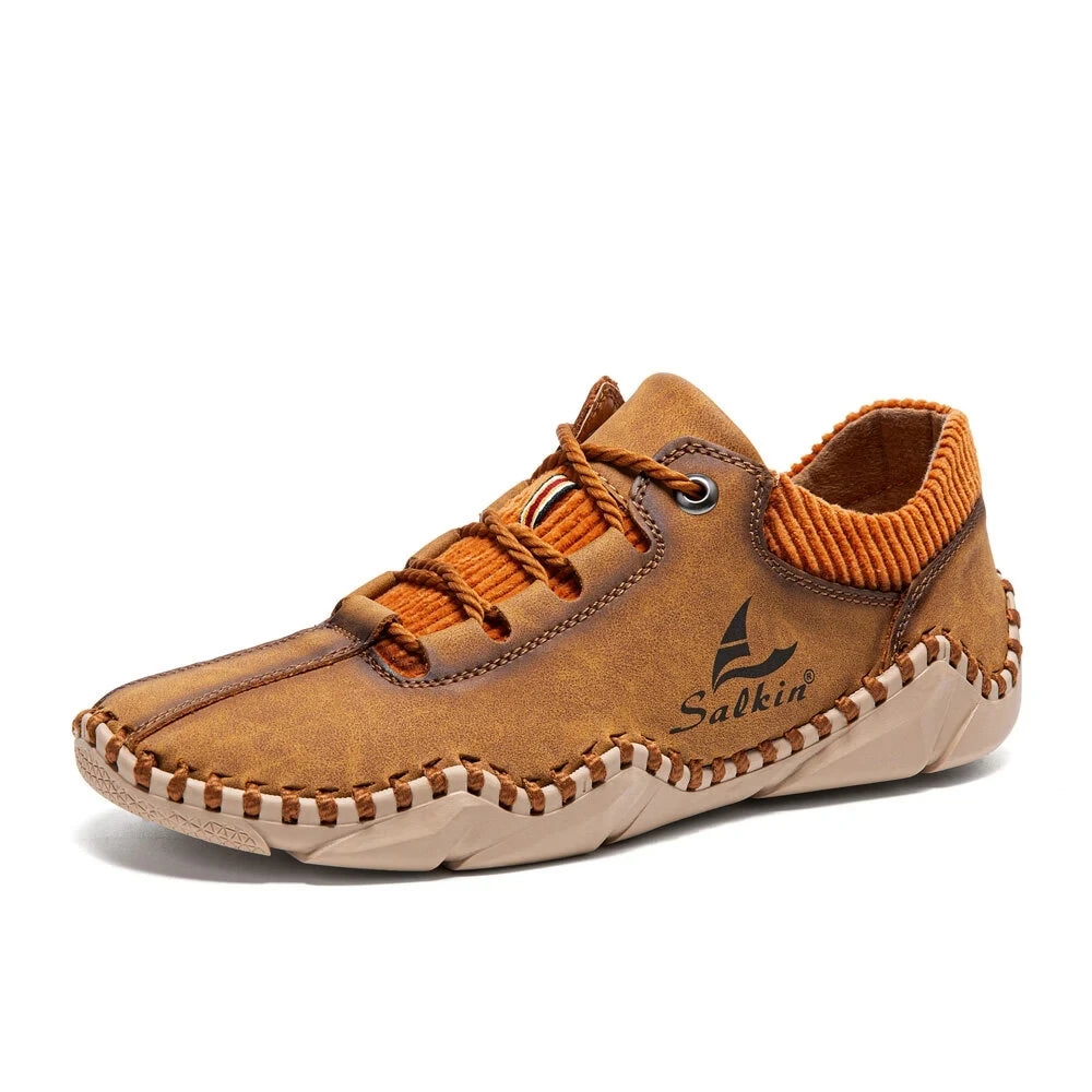 ABFUBER Men Spring-Autumn Brown Handmade Round Toe Lace-Up Breathable Split Leather Moccasins Massage Rubber Outsole Cushioned Flat Loafers /Colors-Brown/Green/Black