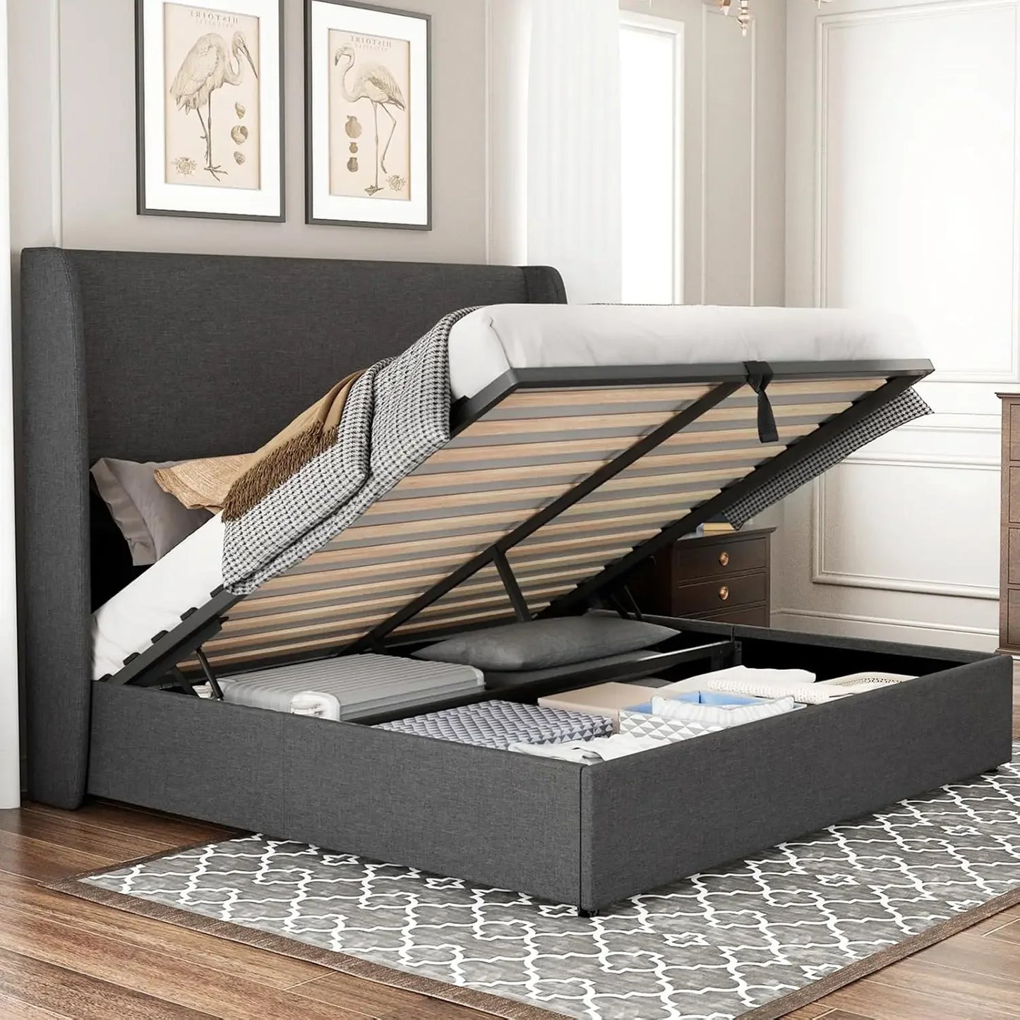 ANGDUO Modern Lift Up Upholstered High Wingback Linen Fabric Headboard Metal Frame King Size Platform Beds/Large Hydraulic Storage/No Box Spring Needed/ Dimensions: 84.25"L x 80.51"W x 51.18"H/Colors-White/Beige/Gray