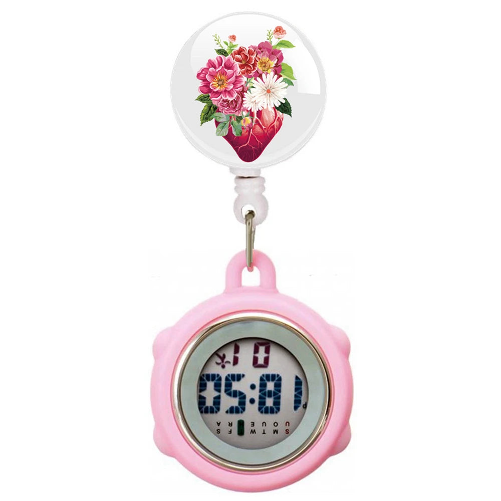 No-EN-Name-Null Waterproof Black Plastic Round Cover Glass Face Digital Display Retractable Printed Floral Anatomical Designs Nurse-Doctor Hanging Metal Alloy Fob Pocket Watches/Colors-Black/White/Pink/Blue