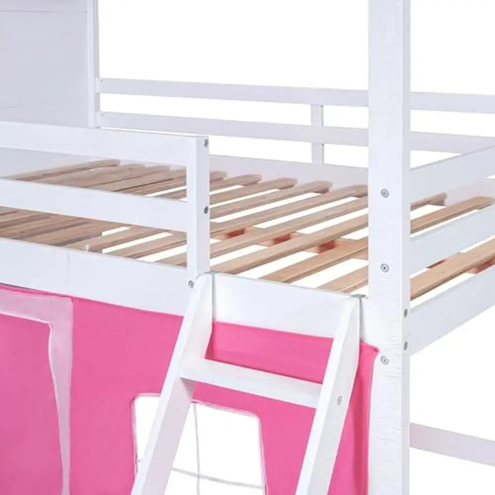 DUTRIEUX Kids Small Modern Painted Pine Wood Pink-White Playhouse Shaped Twin Bunk Loft Beds-Metal Bed Frames / Tent Ladder/Guardrails/4-Play Windows/Slats Included