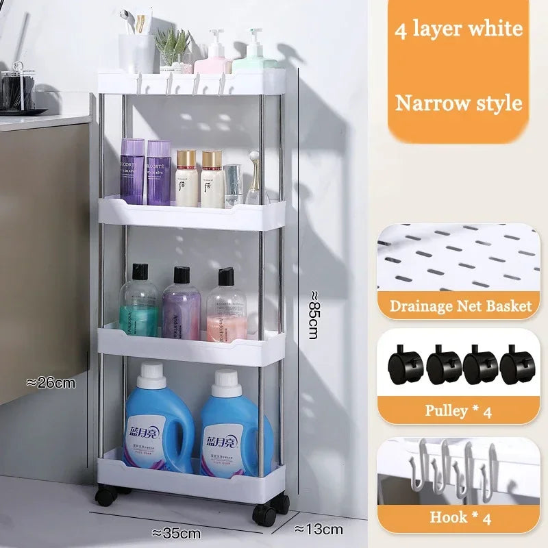 Kitchen Black-White 3-4 Tiers Shelves Non-Folding Slim Storage Plastic Carts/360 Rotation-4 Plastic Wheels/Colors/White, Black