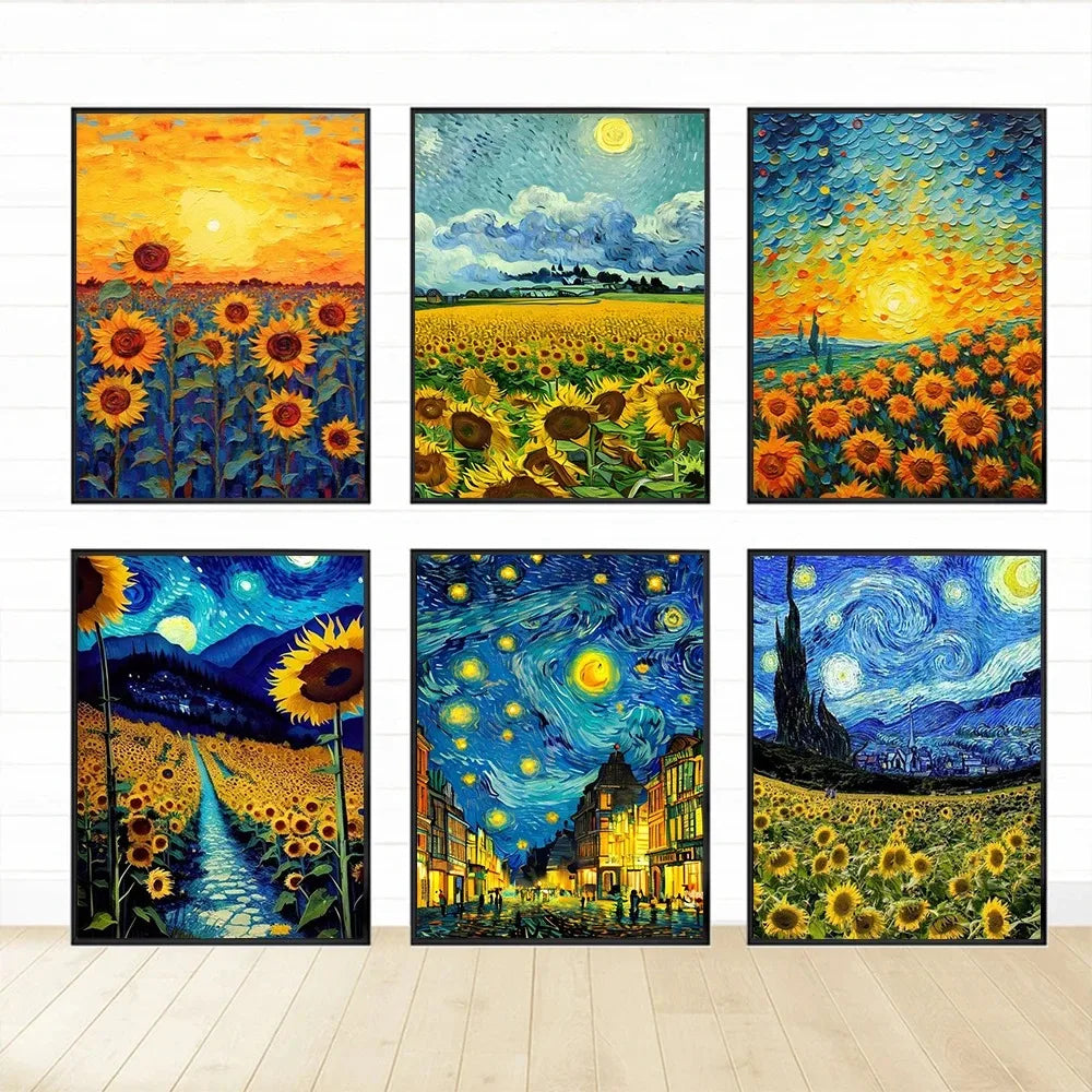 No-EN-Name-Null Modern Multicolor Rectangle Unframed Oil Canvas Van Gogh Sunflower Flower-Starry Sky Art Floral Landscape Prints/Colors-Multicolor/Yellow/Blue/White/Floral