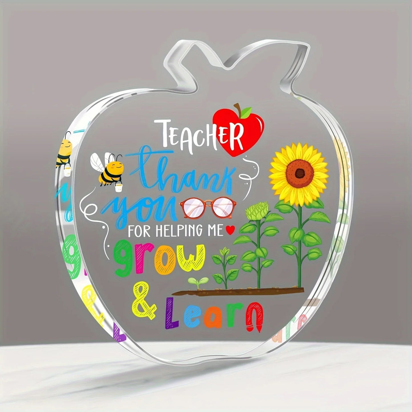 No-EN-Name-Null Modern Customized Round Apple Shaped Clear Plastic Body Text Saying Teacher Appreciation Gifts-Thank You For Helping Me Grow And Learn Paperweights