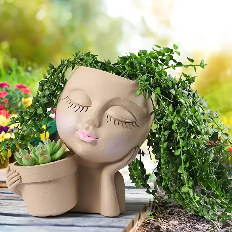 No-EN-Name-Null Indoor-Outdoor Classic Beige Resin Cute Girl Face Handheld Basket Flower Pots Planters/Colors-Beige/White/Gray/Brown/Pink/Multicolor/Floral